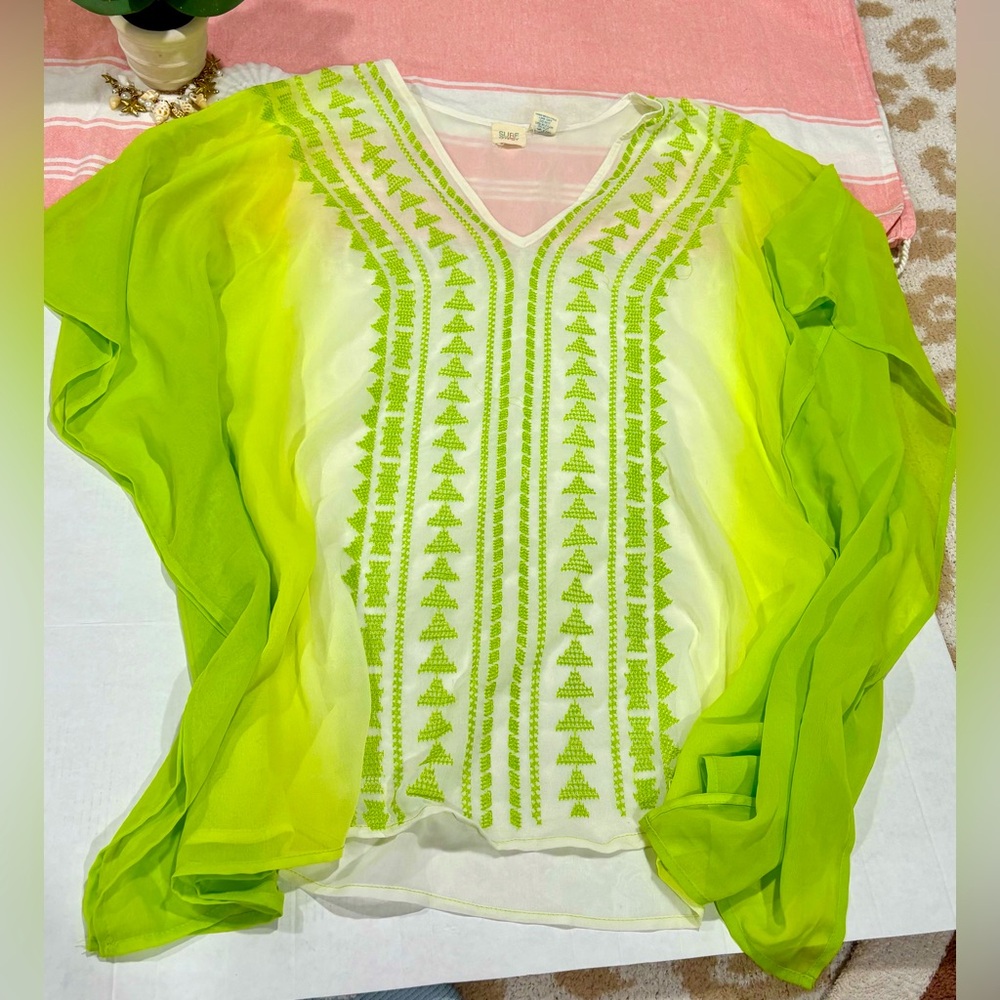 Surf Gypsy Neon Green And White Beach Coverup Woman’s Size M
